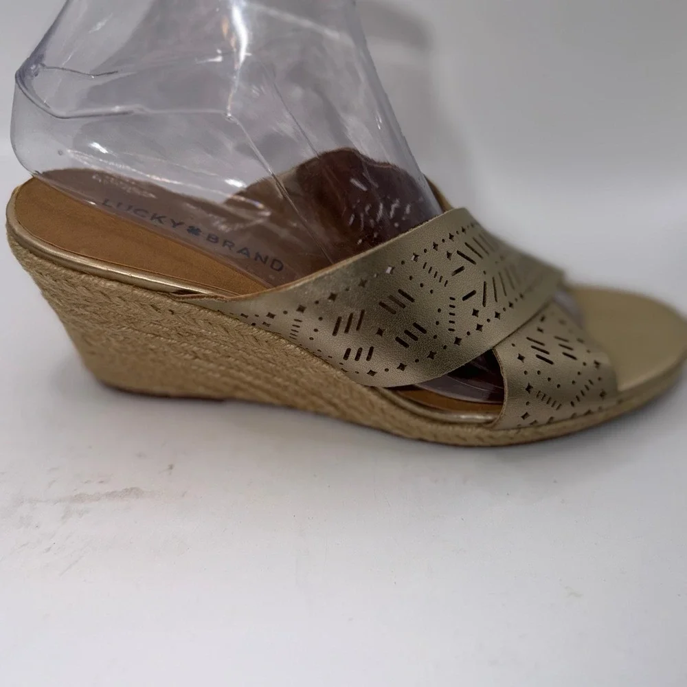 Lucky Brand W(9) Keela Gold Laser Cut Espadrille Wedge Sandals Boho Summer Glam‎